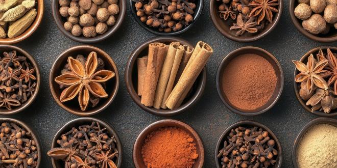 cinnamon, peppercorns, anise, cloves, and other fall spices