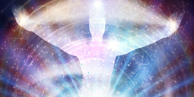 A white figure arms outspread with radiating lines of energy.