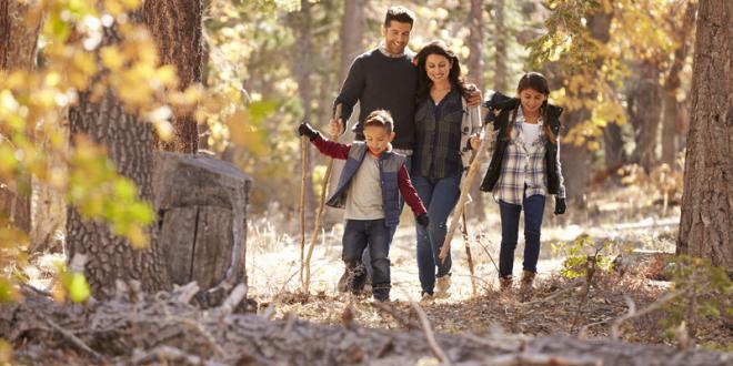 Family of four hiking through the autumn woods.