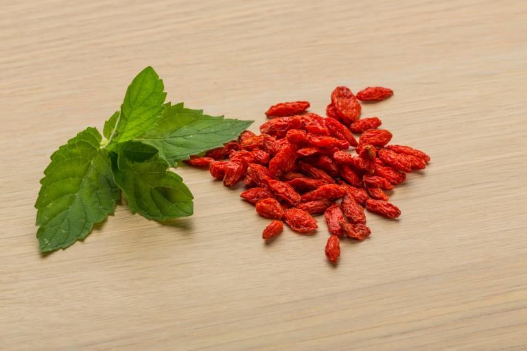 Bright red berberine next to a green leaf.